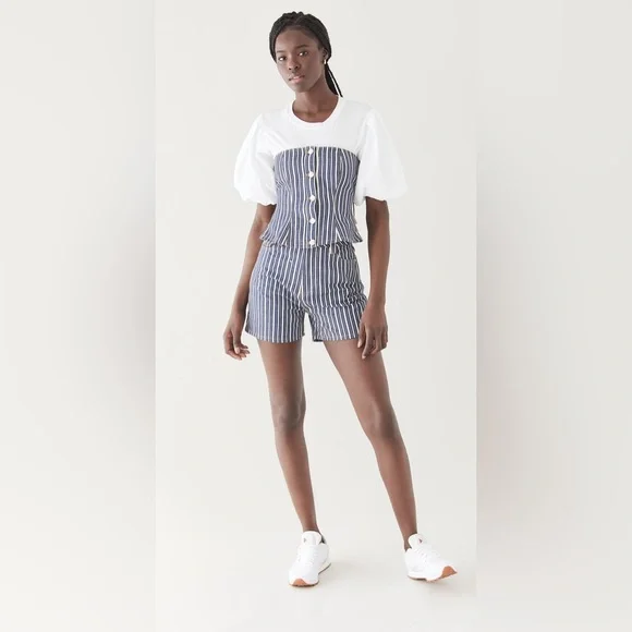 ❌SOLD❌NWOT Ganni Mixed Stripe Dark Indigo Denim Buster Top & Shorts Set💙🤍💙 - Picture 2 of 16